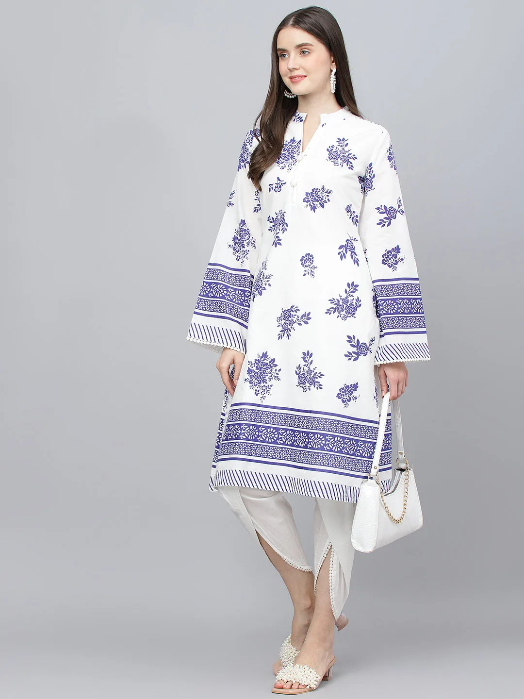 Women White Floral Printed Straight Kurta With Tulip Pant