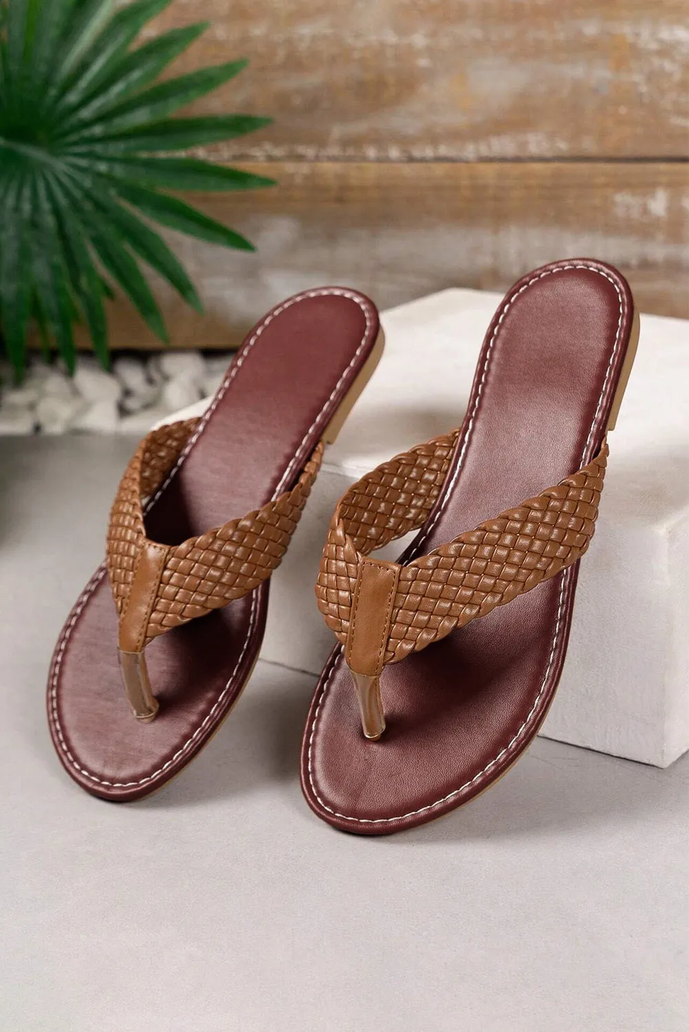 Women Wide Braided Strap PU Leather Flip Flop Sandals