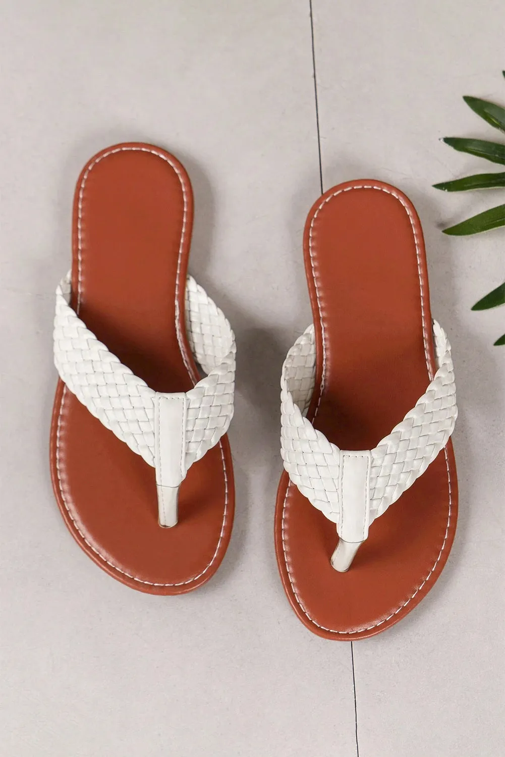 Women Wide Braided Strap PU Leather Flip Flop Sandals