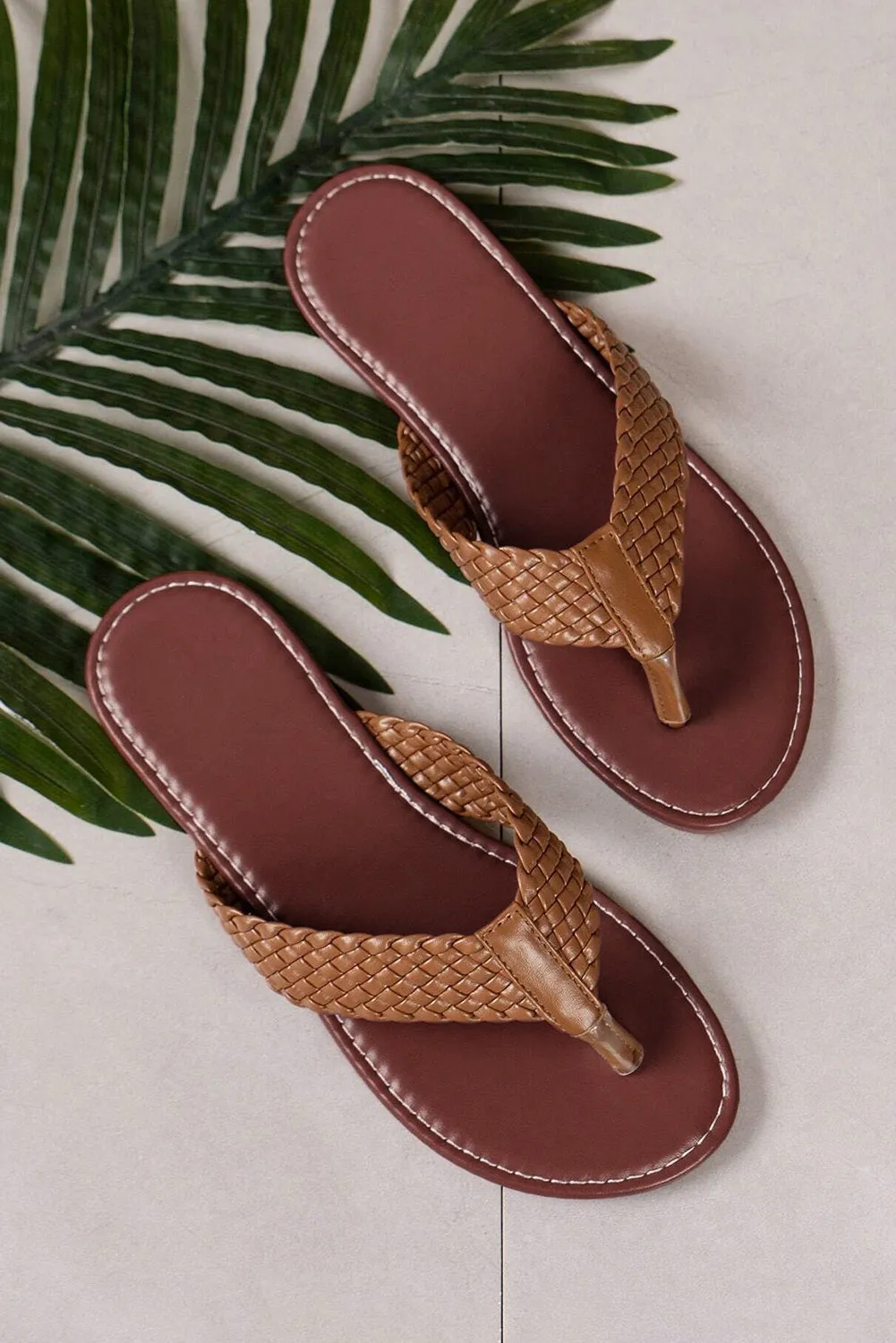 Women Wide Braided Strap PU Leather Flip Flop Sandals