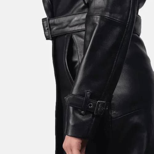 Womens Black Hooded Leather Trench Coat