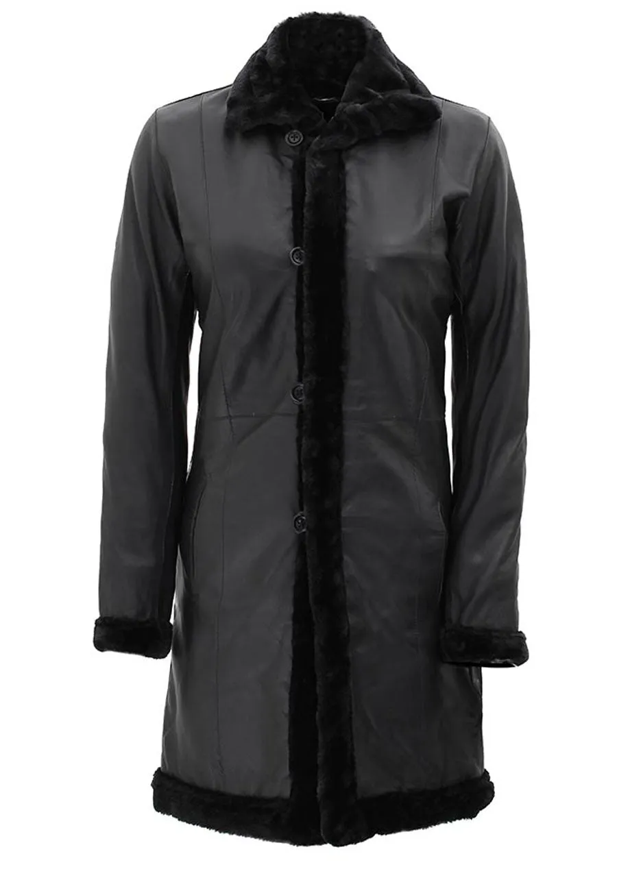 Women’s Black Leather Shearling Long Coat