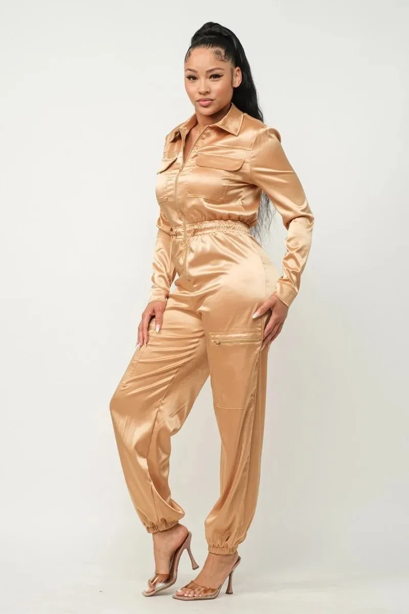 Women's Front zipper pockets top and pants jumpsuit