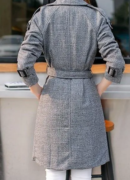 Womens Gray Mid Length Double Breasted Trench Coat