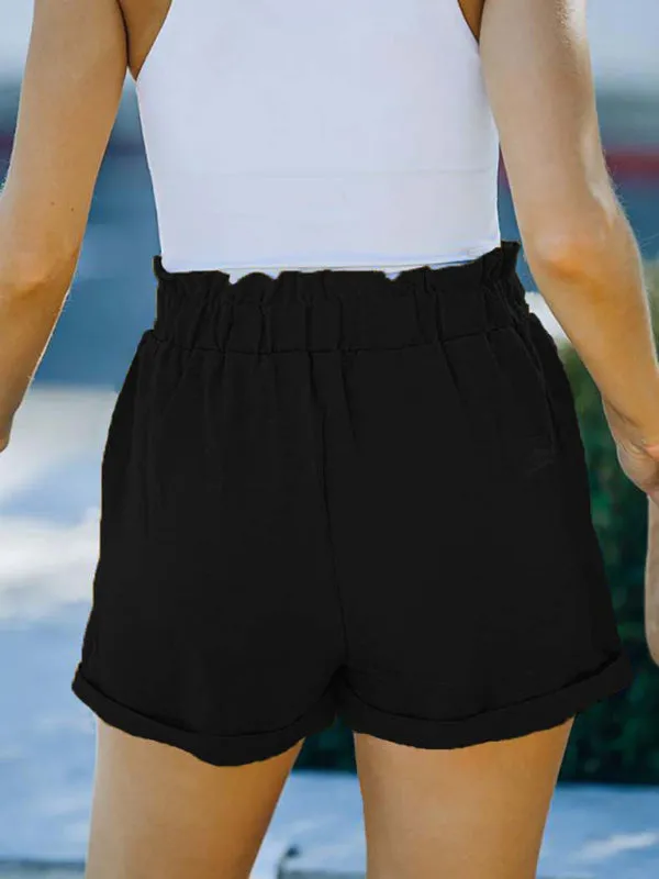 Women's High Waist Casual Pants Cross Border Solid Color Pocket Belt Loose Straight Leg Shorts