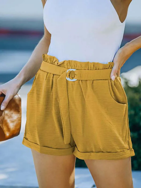 Women's High Waist Casual Pants Cross Border Solid Color Pocket Belt Loose Straight Leg Shorts