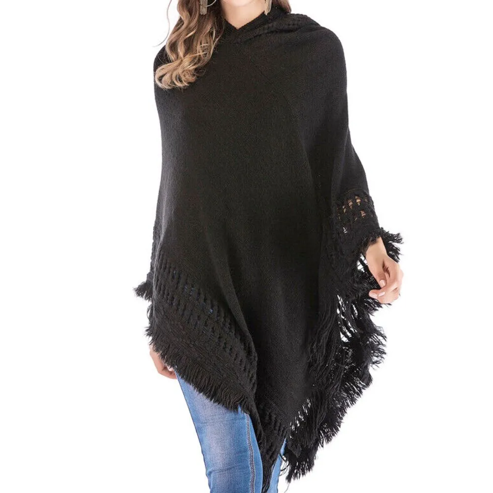 Womens Hooded Poncho with Fringe