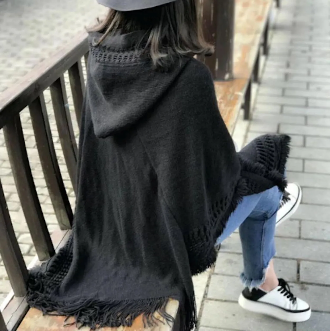 Womens Hooded Poncho with Fringe