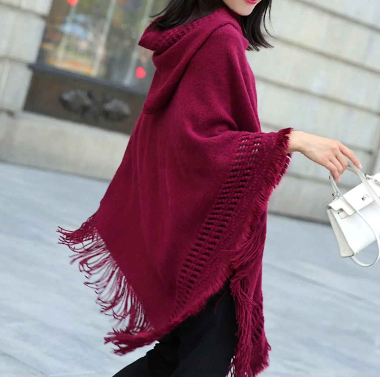 Womens Hooded Poncho with Fringe