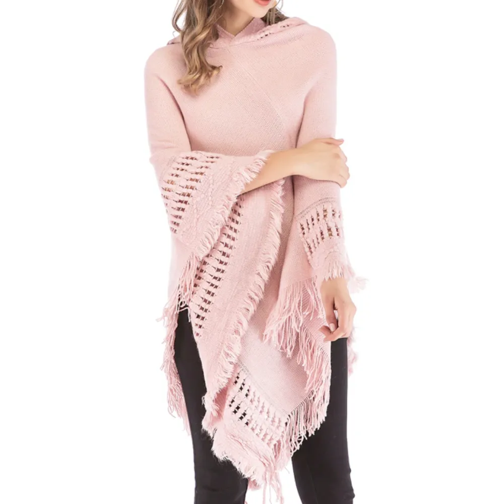 Womens Hooded Poncho with Fringe