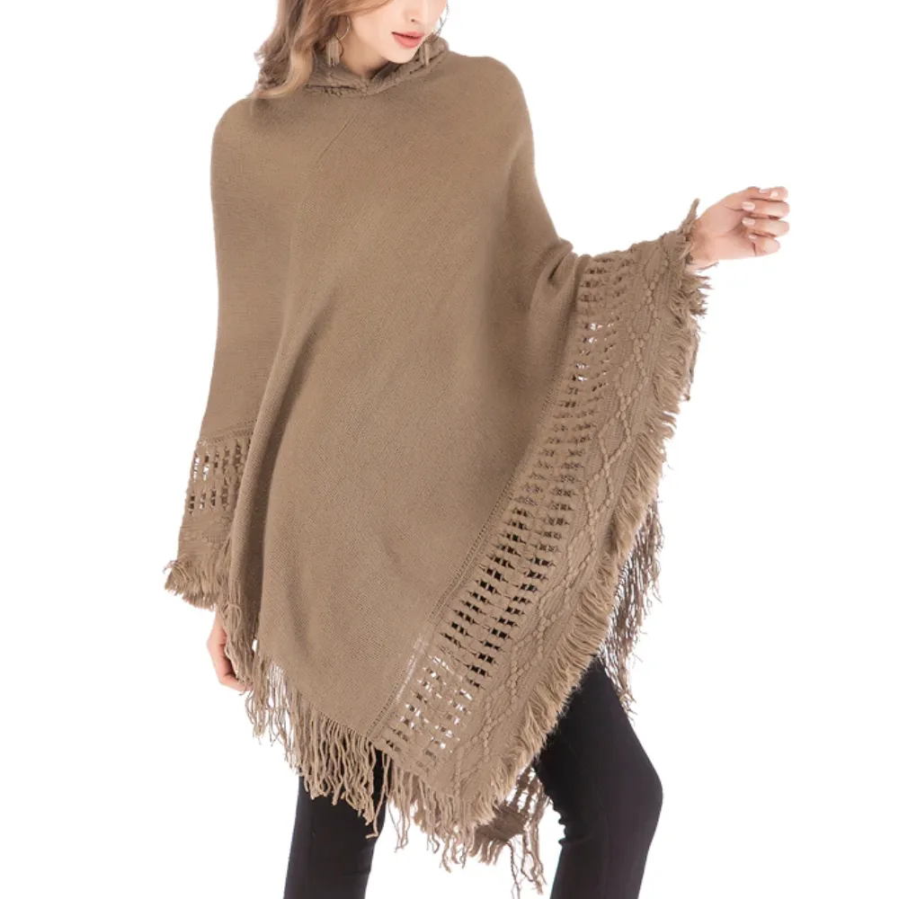 Womens Hooded Poncho with Fringe