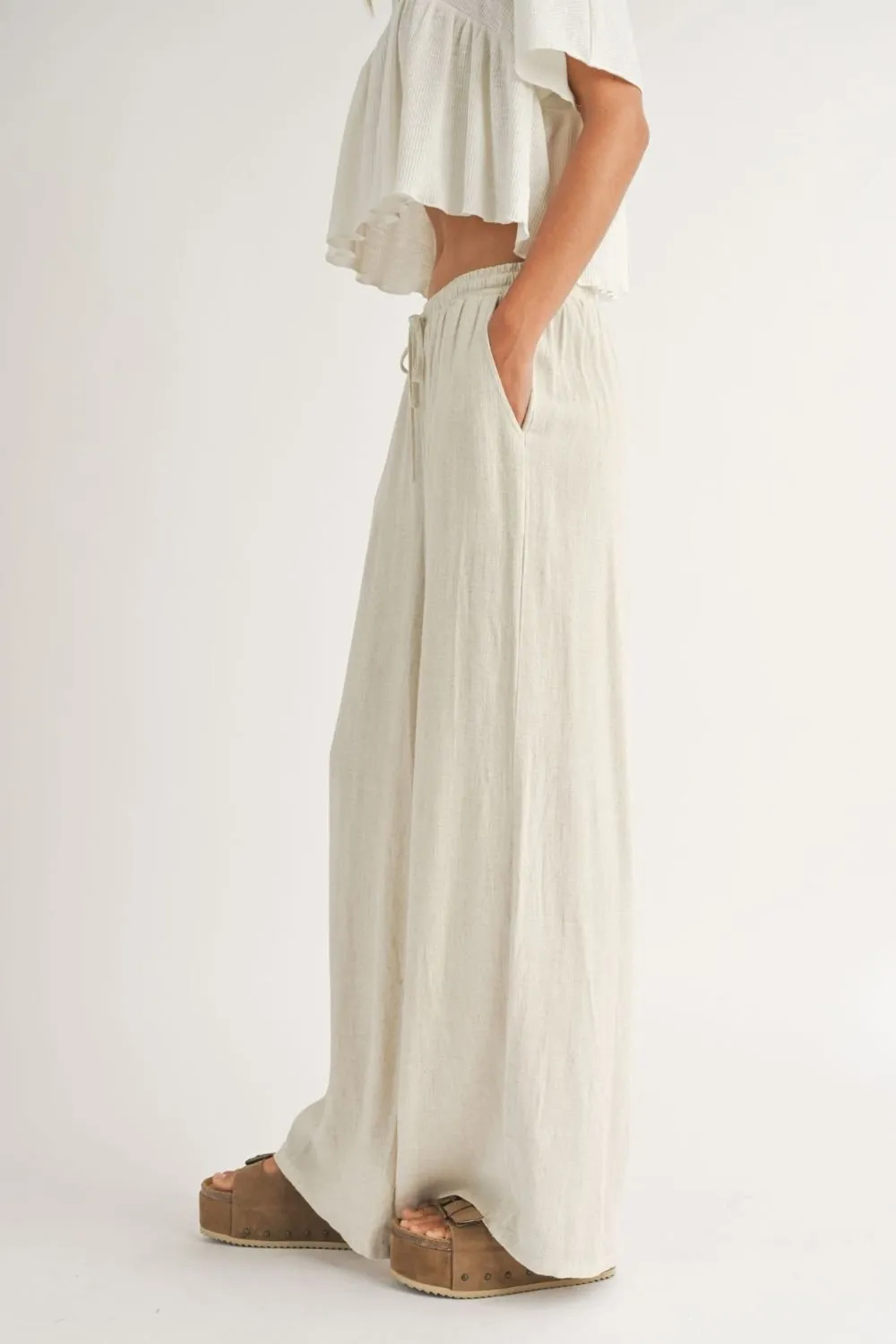 Women's Linen Blend Wide Leg Summer Pants | Oatmeal