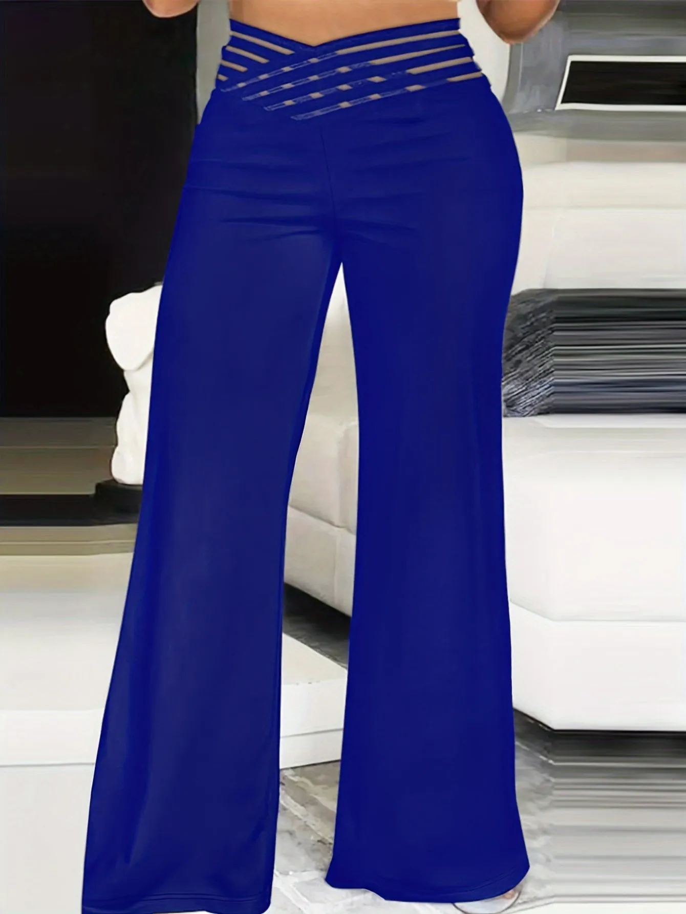 Women's Plus Solid Contrast Mesh V Waist High Rise Straight Leg Trousers - Elevate Your Style with Elegance