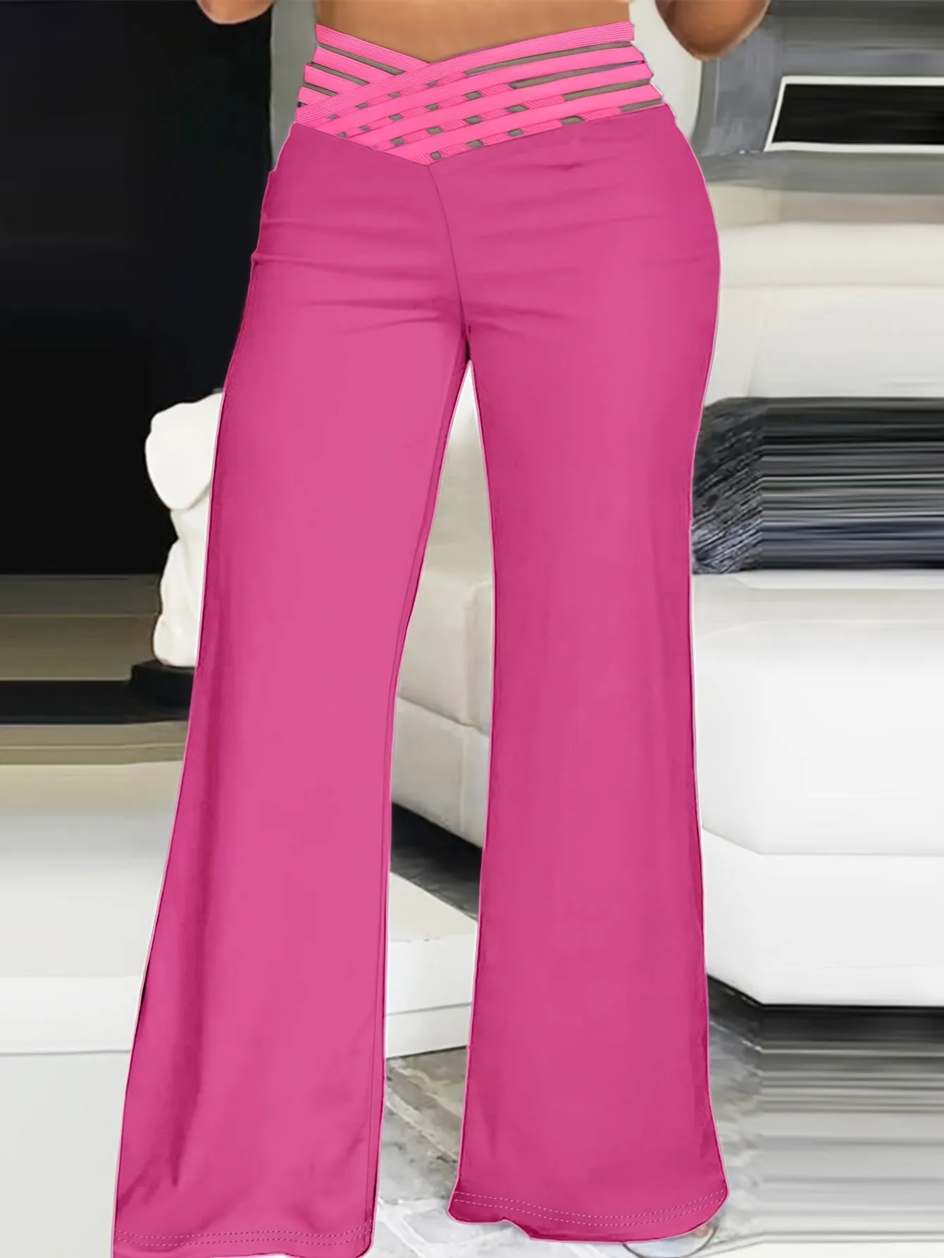 Women's Plus Solid Contrast Mesh V Waist High Rise Straight Leg Trousers - Elevate Your Style with Elegance