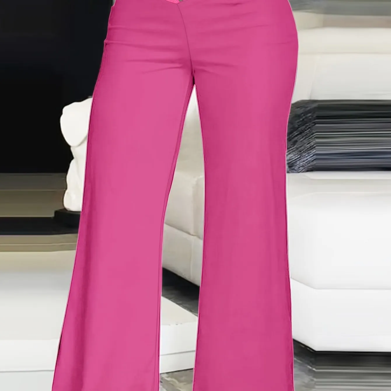 Women's Plus Solid Contrast Mesh V Waist High Rise Straight Leg Trousers - Elevate Your Style with Elegance