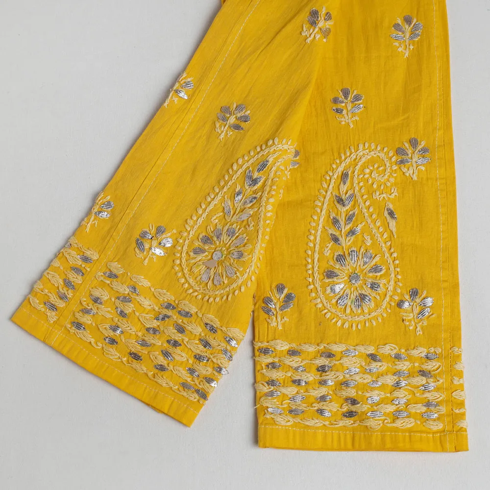 Yellow - Lucknow Chikankari Hand Embroidery Gota Patti Work Cotton Pant (Free Size)