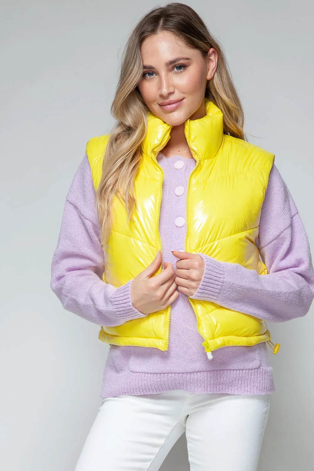 Yellow Puffy Sleeveless Jacket New Women's Fashion Zip Up Turtleneck Shiny Quilted Vest