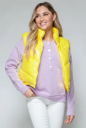 Yellow Puffy Sleeveless Jacket New Women's Fashion Zip Up Turtleneck Shiny Quilted Vest