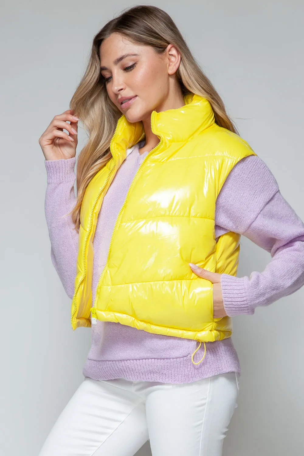 Yellow Puffy Sleeveless Jacket New Women's Fashion Zip Up Turtleneck Shiny Quilted Vest