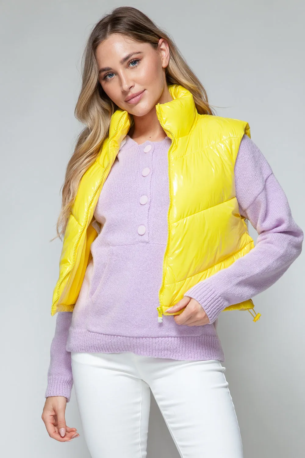 Yellow Puffy Sleeveless Jacket New Women's Fashion Zip Up Turtleneck Shiny Quilted Vest