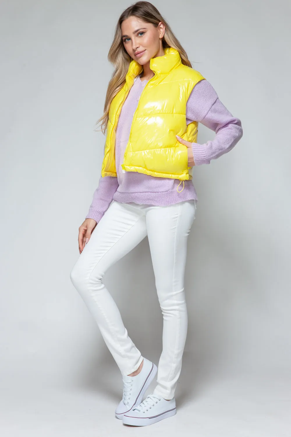 Yellow Puffy Sleeveless Jacket New Women's Fashion Zip Up Turtleneck Shiny Quilted Vest