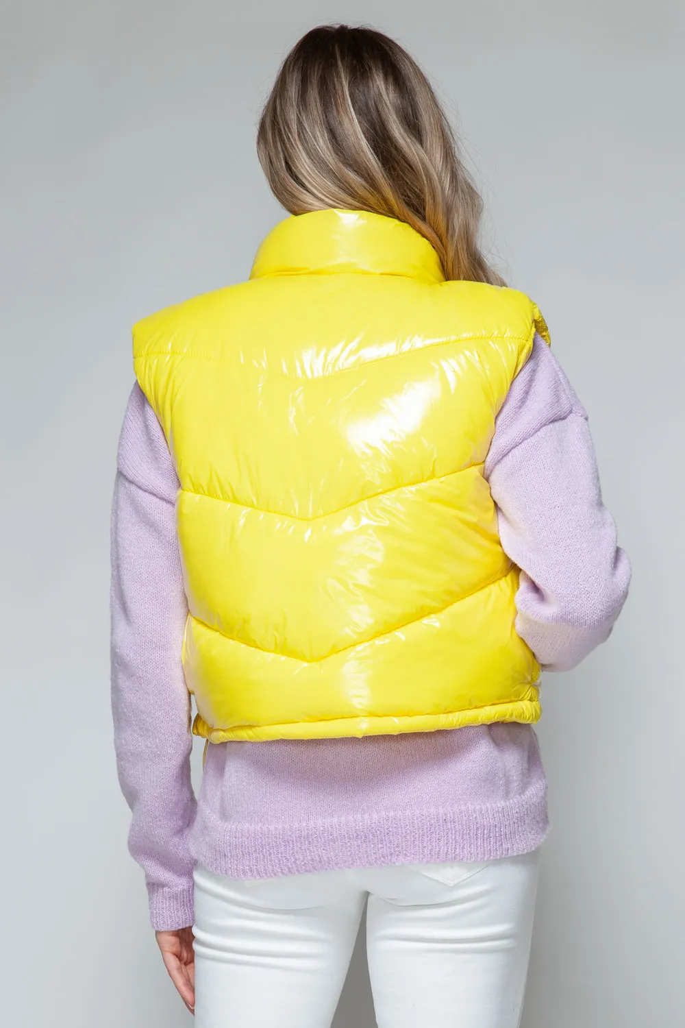 Yellow Puffy Sleeveless Jacket New Women's Fashion Zip Up Turtleneck Shiny Quilted Vest