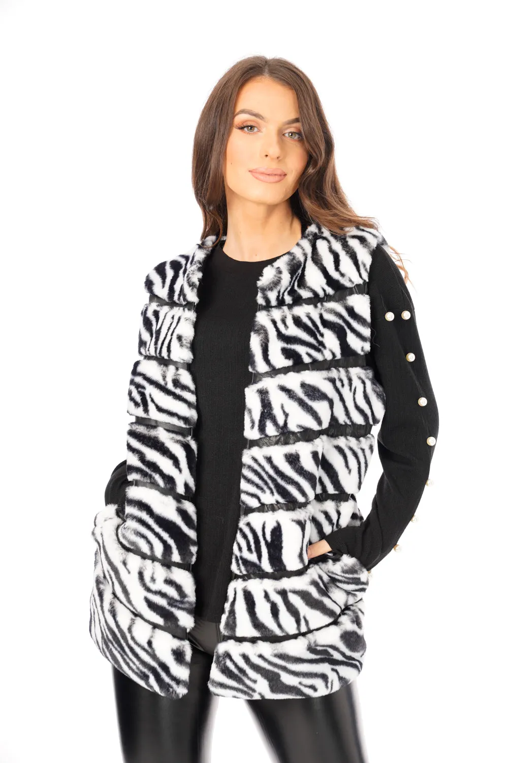 Zebra Print Chevron Soft Faux Fur Leather Panel Gilet