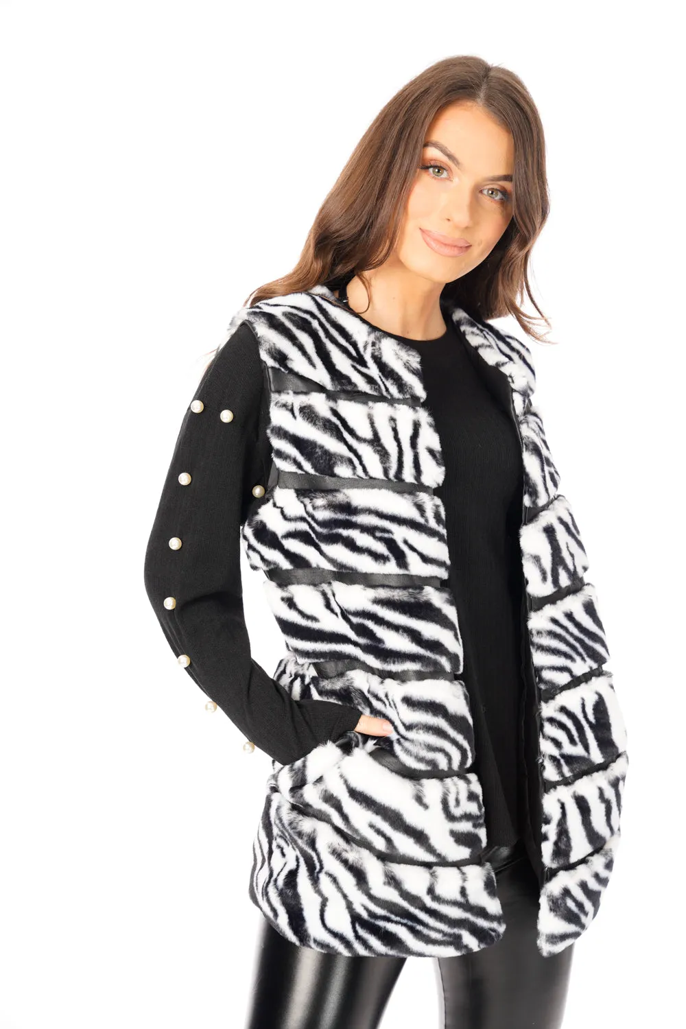 Zebra Print Chevron Soft Faux Fur Leather Panel Gilet