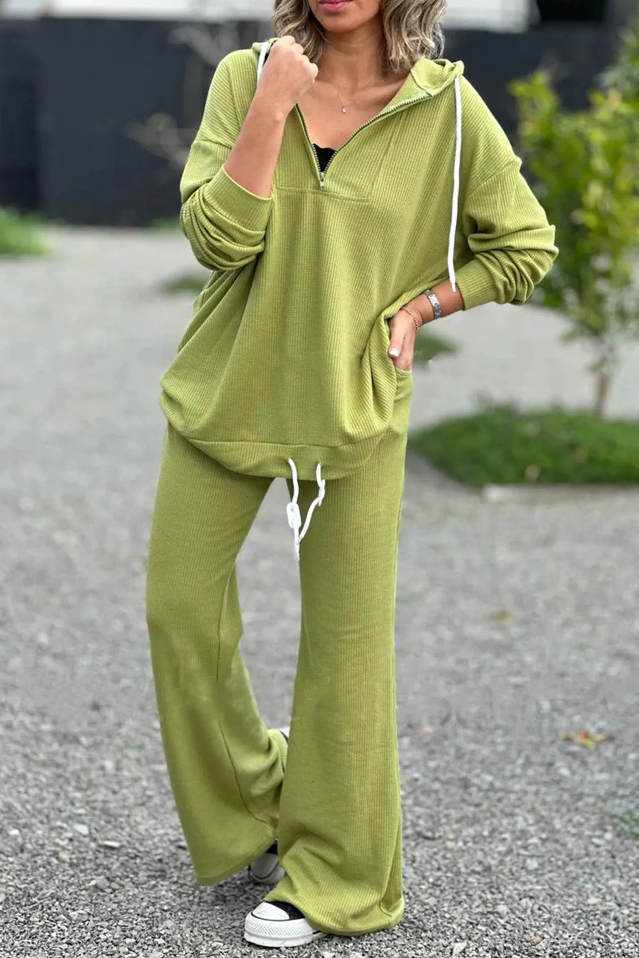 Zipper Drawstring Hoodie Flares Long Pants Suits